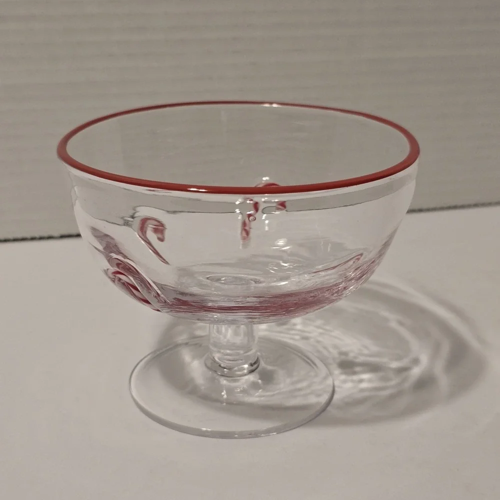 Holiday Candy‎ Cane Glass Dessert Bowl Red Rim Footed Christmas Ice Cream Cup